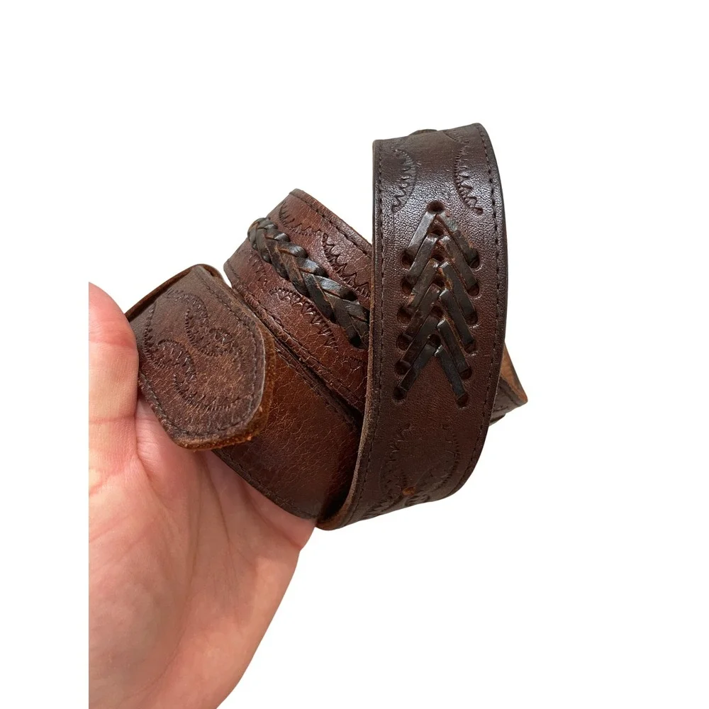 Vintage Brown Tooled Leather Belt Whipstitch Western Boho 32-36